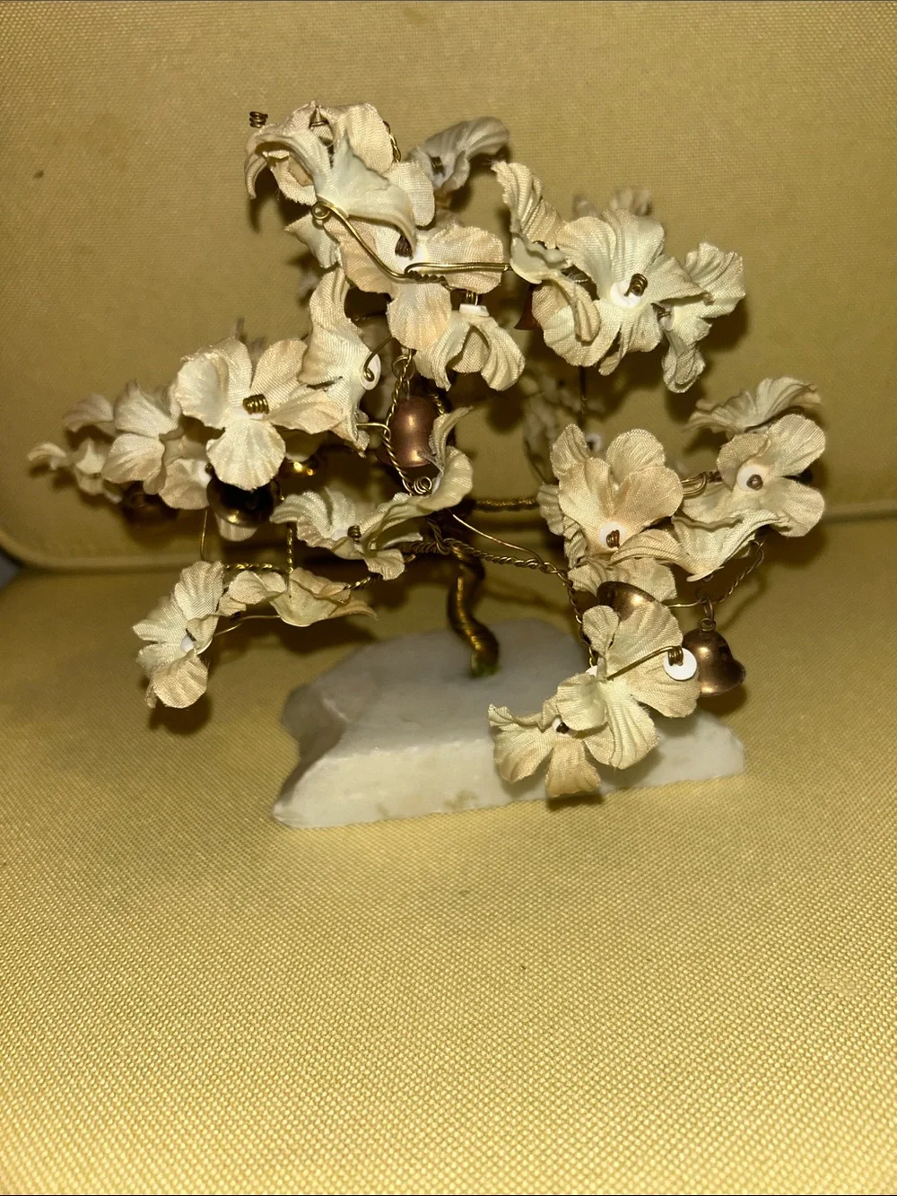Vintage Decorative Floral Sculpture with Cream Fabric Blooms and gold bells